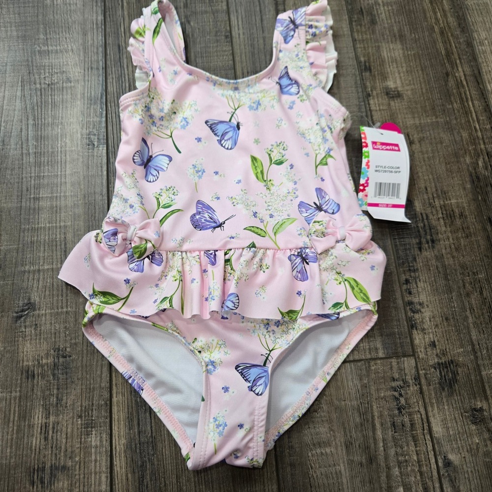 NWT Wippette Toddler Girls Butterfly Floral One Piece Swimsuit UPF 50 Pink 3T